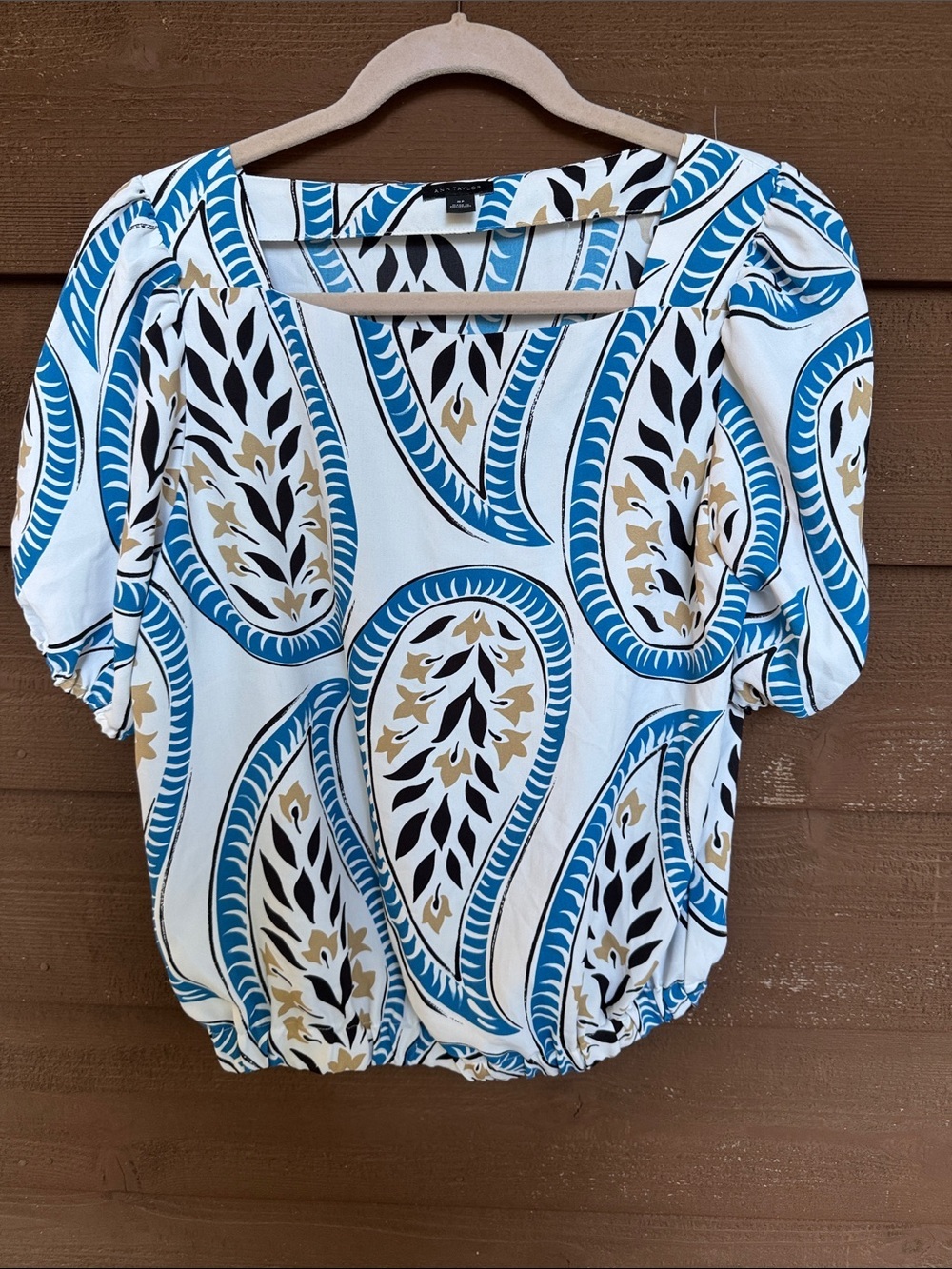 Ann Taylor Blue and Cream Paisley Square-Neck Blouse size MP
